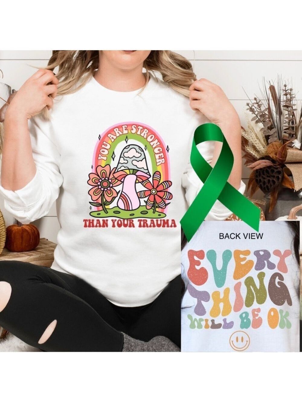Stronger than trauma mental health graphic crewneck sweatshirt oversized XL - Picture 1 of 10